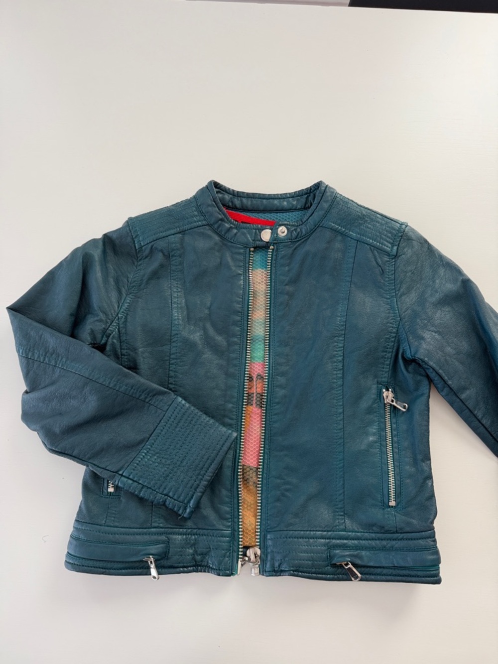 Girls Teal Faux Leather Jacket with Zip Pockets